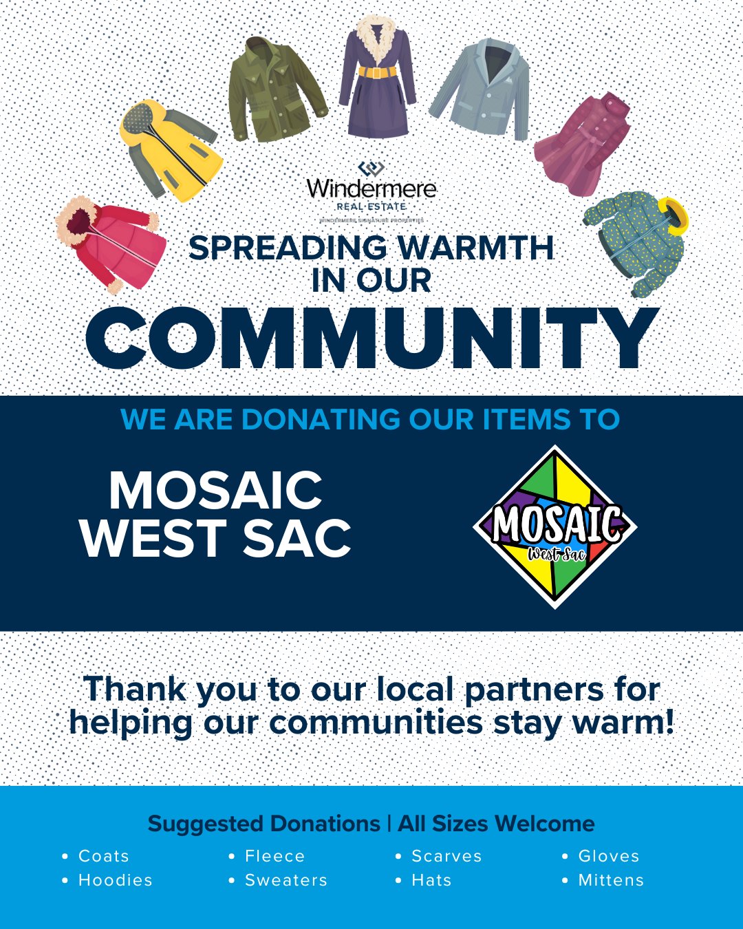 🧥🧦 Final Call for Warmth! We're in the home stretch of our Coat Drive & Socktoberfest—and your donations can make a real difference! All items will go to Mosaic West Sac, a local nonprofit dedicated to supporting our most vulnerable neighbors.
📍 Drop off your new or gently used coats and new socks at: 3170 Jefferson Blvd., Suite 160 West Sacramento, CA 95691 Let’s wrap our community in warmth—one coat and one pair of socks at a time.
Every donation counts. Let’s finish strong! 💪
#coatdrive #westsac #westsaccommunity