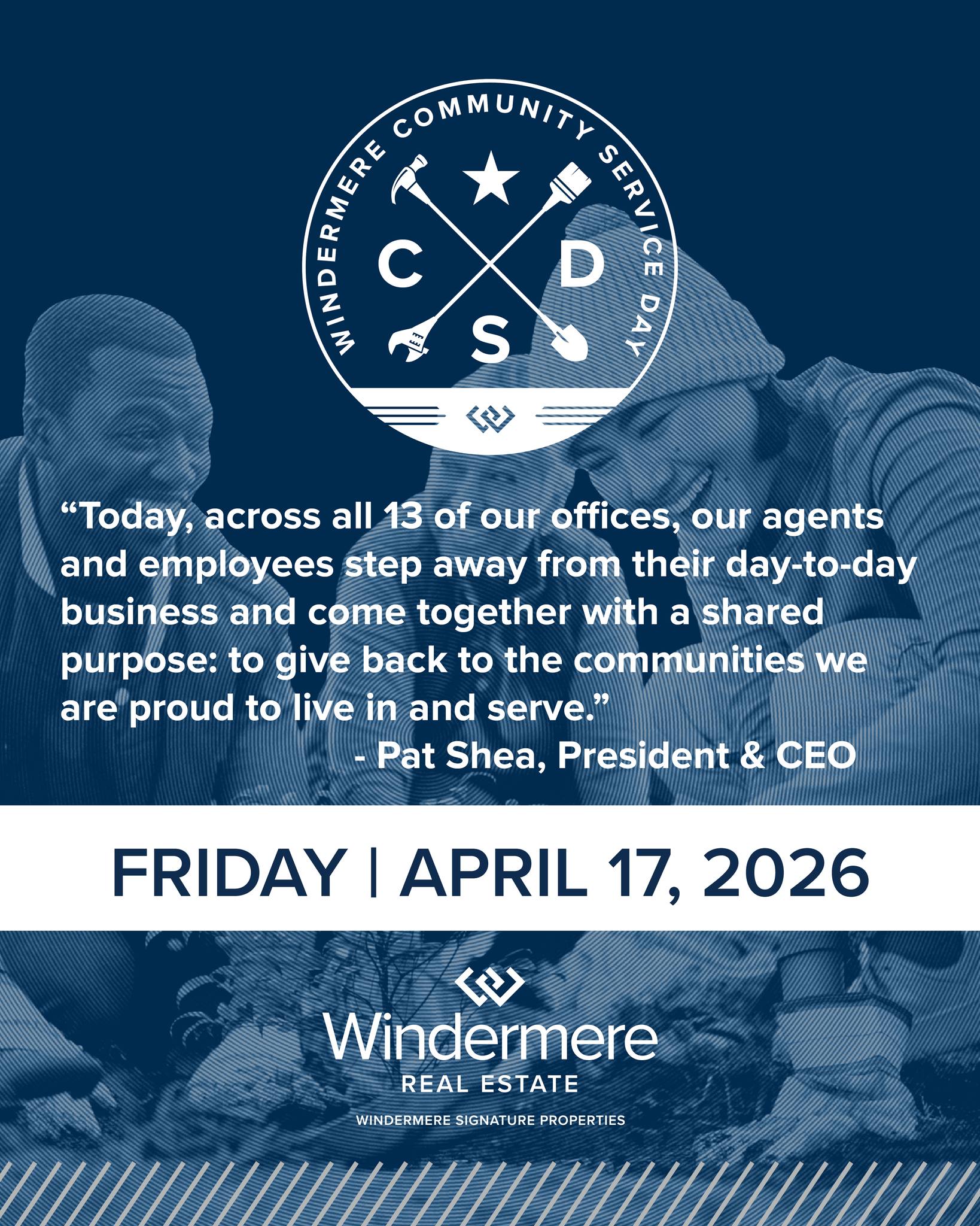 Happy Community Service Day 💙
Today, all 13 of our offices are coming together to give back to the communities we’re proud to live and serve in. This is more than just a day—it’s a reflection of who we are and what we stand for. From supporting local shelters and food banks to working alongside incredible community organizations, our agents and employees are out making a real impact today.

Thank you to our entire Windermere family for showing up, giving back, and making a difference. Follow along today as we share moments from across our offices—and the impact we’re making together.
#WindermereSignatureProperties #CommunityFirst #GiveBack #ServiceMatters